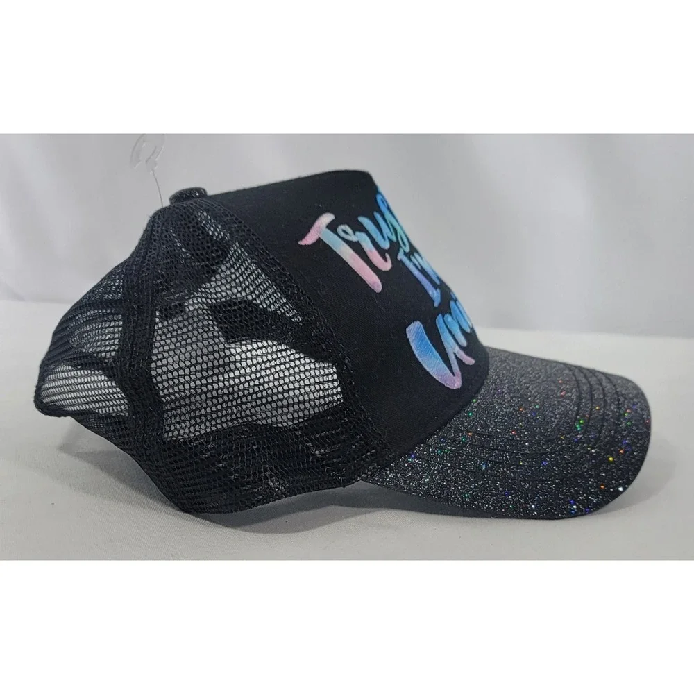 Trust Me I'm A Unicorn Mesh Snapback Trucker Hat with glittered bill